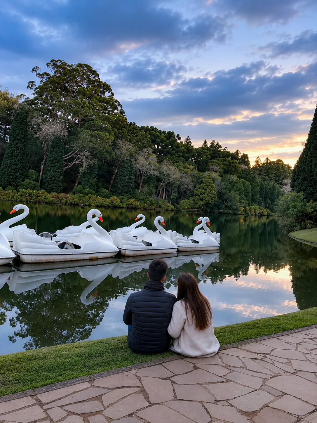 Casal contempla o Lago Negro ao entardecer em Gramado.