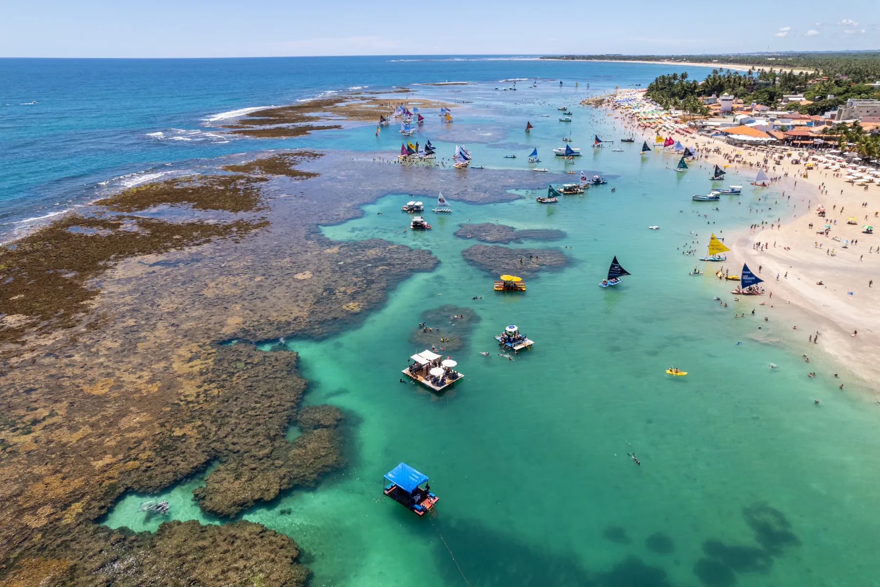 Vista aérea das piscinas naturais e jangadas de Porto de Galinhas.